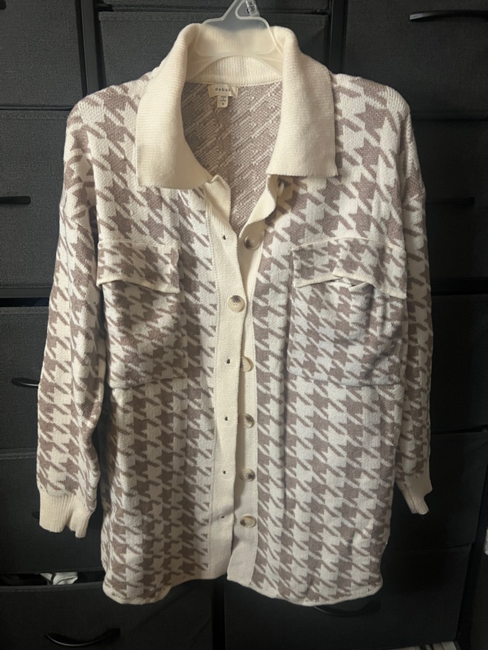 debut Cream and Taupe Houndstooth Button-Up Sweater Jacket